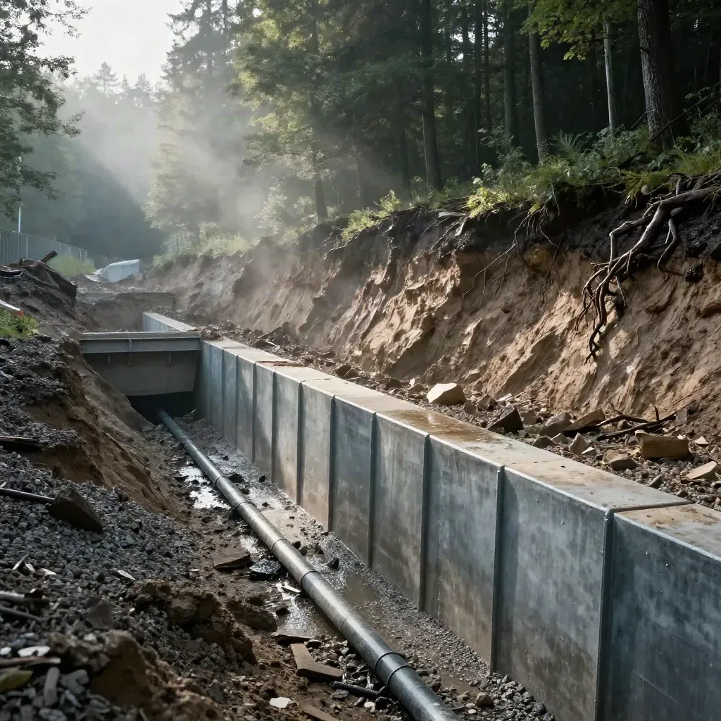 Gesicherte Baugrube am bewaldeten Hang mit Drainage und Morgennebel nach Regen.