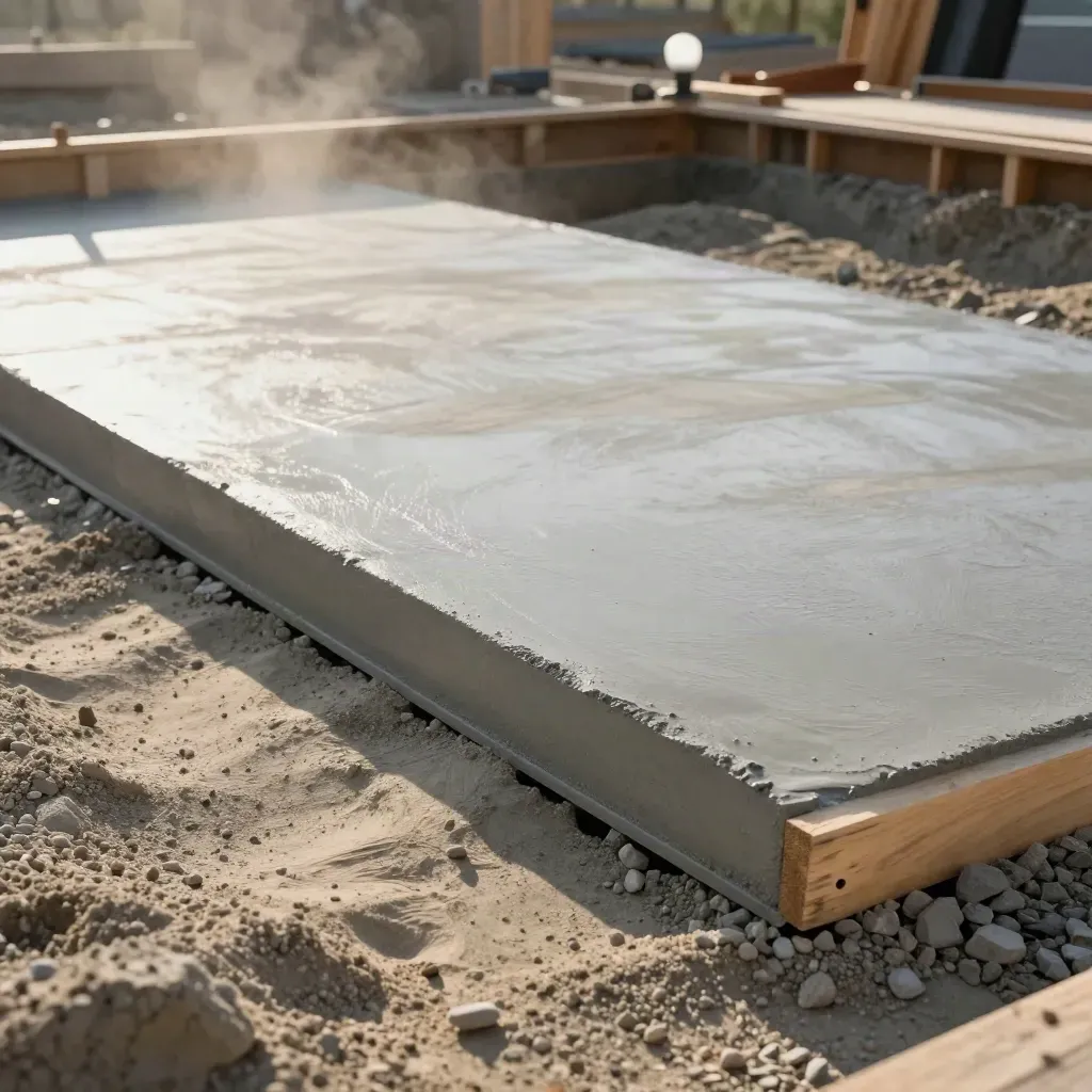 Frisch gegossene Bodenplatte auf Kiesbett mit Schalung und trocknender Betonoberfläche im Abendlicht