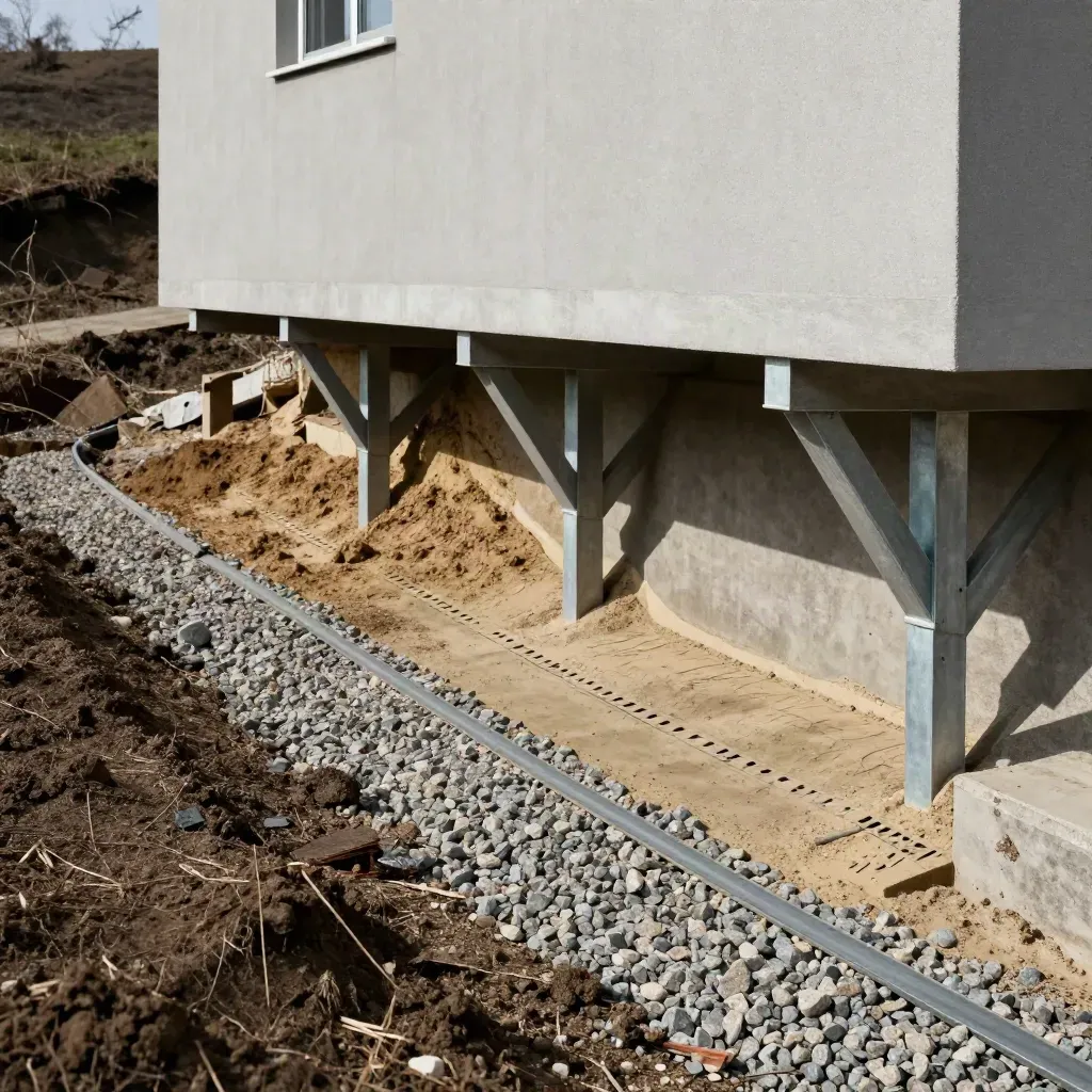Sanierte Hangkante mit stabilisiertem Hohlraum, Drainage und verstärkter Unterkonstruktion unter dem Haus.