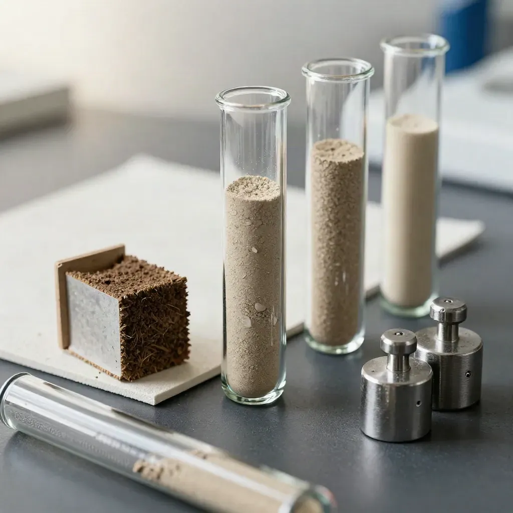 Bodenproben in Glasröhrchen, Kernkiste und Stahlgewichte auf dunklem Labortisch.