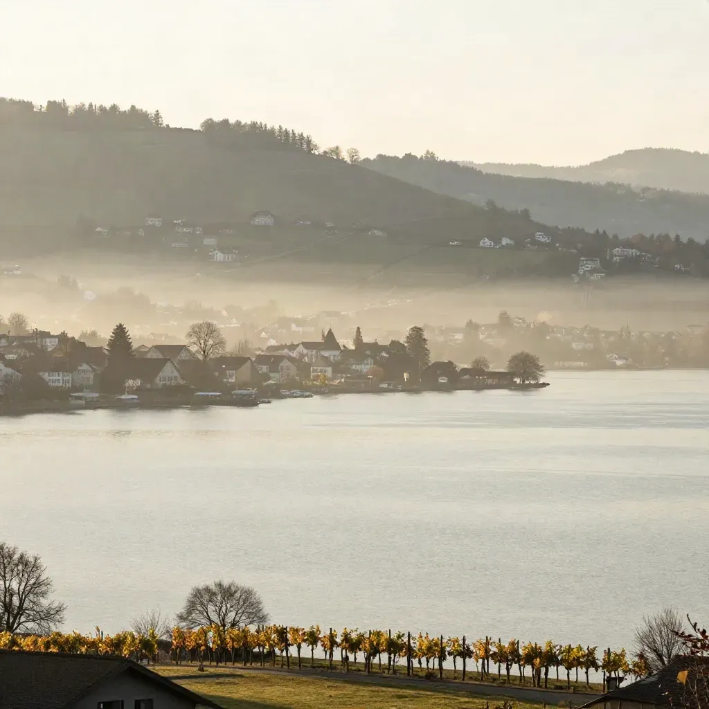 Blick über den Zürichsee mit Uferorten und Weinbergterrassen im goldenen Morgendunst