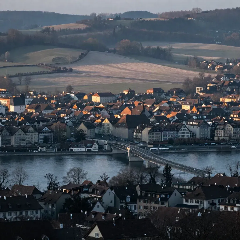 Bern-Mittelland von oben mit Aarebogen, Stadtkante und ruhigen Feldern im Abenddunst