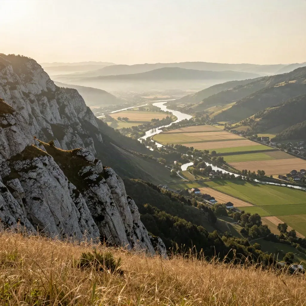Nordwestschweiz mit kalkigen Jurahängen und ruhigem Flussband im warmen Sommerdunst.